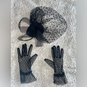 Black Lace Polka Dot Tea Party Formal Veil Hair Clip And Matching Gloves Size S